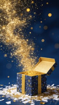 Open glowing surprise gift box collection with golden sparkle and star light effect, festive present backdrop for Christmas, Chinese New Year, holiday e-commerce poster and greeting wallpaper