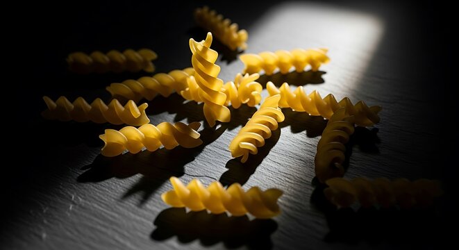 Spiral Pasta Noodles with Close Up, On Dark Stone Background, and Culinary Ingredients.