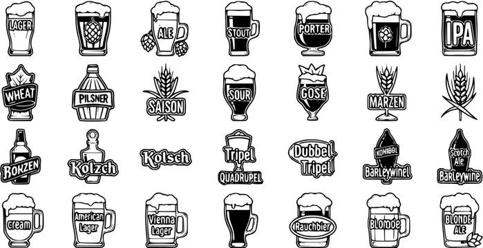 Black and White Line Art Icons of Beer Types and Bottles - Food  Drink Vector Asset