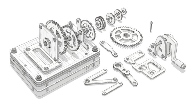 Isometric mechanical gearbox components in exploded view for engineering design