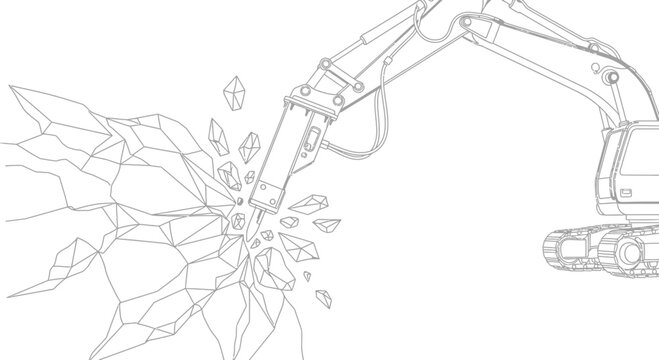 Excavator with hydraulic breaker demolishing rock wall, construction and demolition concept