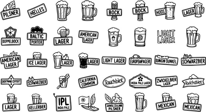 Black and White Line Art Beer Icons: Lager, Pilsner, Bock, Helles, Porter, Stout Styles