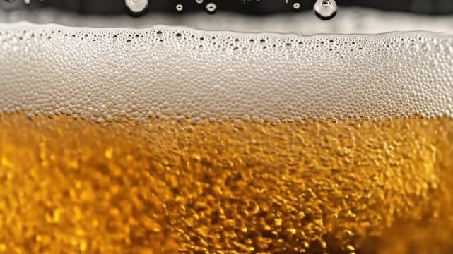 Macro shot of cold golden lager pouring with bubbles and white foam