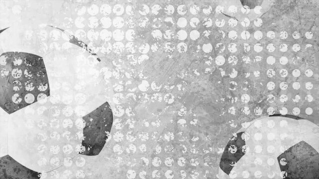 Abstract monochrome football background with grunge texture, halftone pattern and soccer ball. Seamless looping motion design. Video animation Ultra HD 4K 3840x2160