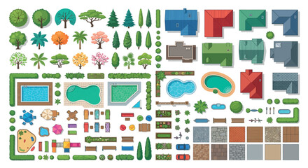 Top down Vector Illustration Of Trees Houses And Outdoor Elements © SHANTI
