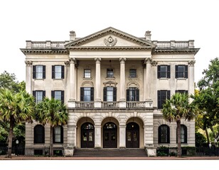 Obraz premium A large, beige-colored, symmetrical building with a triangular pediment and columns