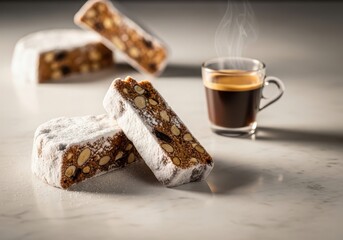 Naklejka premium Panforte di siena with almonds and espresso on a marble surface