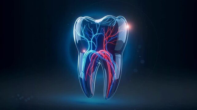 Detailed 3D illustration of a human tooth with highlighted blood vessels and nerves in blue and red