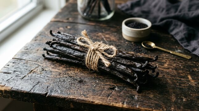 A rustic bundle of dark vanilla beans tied with twine on a weathered wooden surface, with a small bowl of seeds nearby.