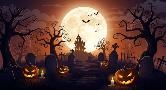 Spooky Halloween Night Scene with Pumpkins with Haunted House, and Full Moon.