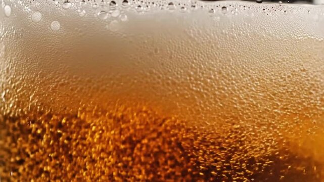 Macro view of fresh beer being poured with bubbles and foam head