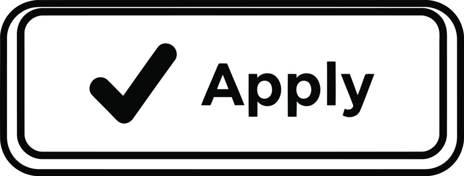 Black and White Apply Button Icon with Checkmark, Rounded Rectangle Web UI Element for Forms and Applications