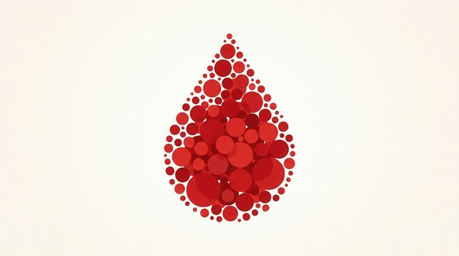 Red drop shape made of many small circles on beige background