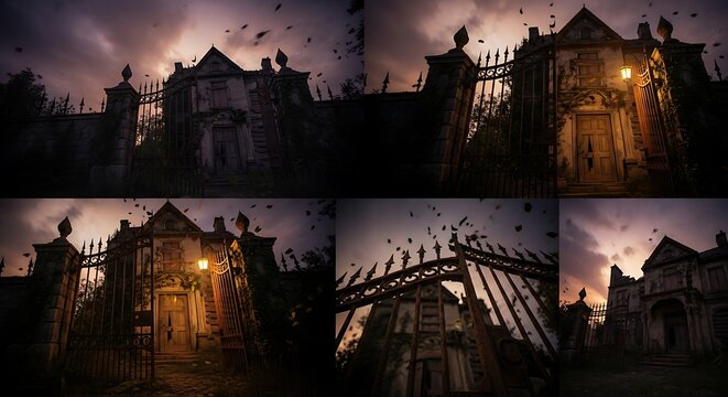 Spooky Haunted Mansion with Gates with Creepy Atmosphere  Dramatic Evening Sky.