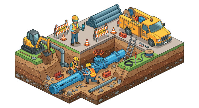 Isometric Illustration Of Construction Site With Workers And Waterworks