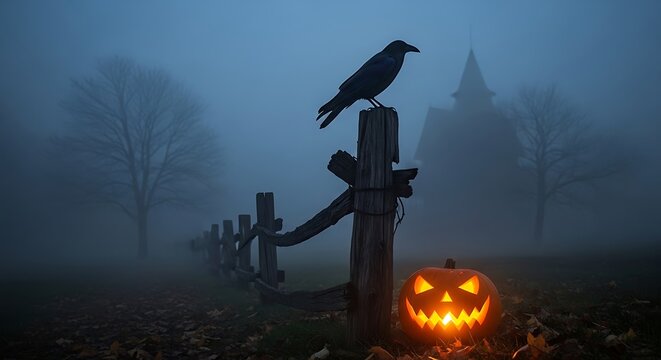 Spooky Raven on Fence with Jack o Lantern in Foggy Halloween Scene.