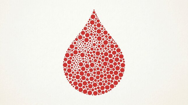 Red drop shape made of small circles on light background