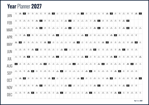 Minimalist 2027 yearly wall annual planner calendar template with horizontal linear layout