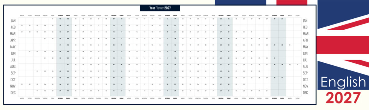 Panoramic 2027 yearly wall planner calendar template in English with clean grid layout