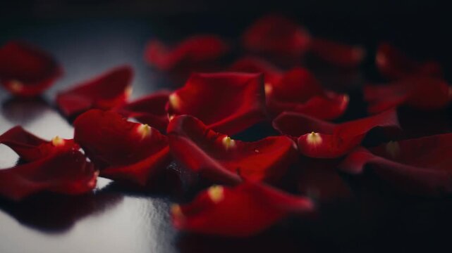 Close up of scattered red rose petals on dark reflective surface romantic floral background