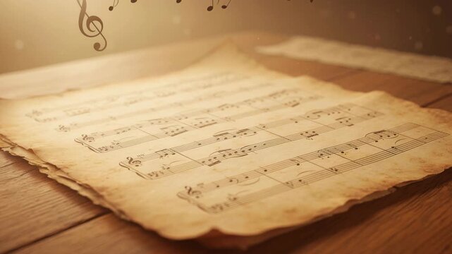 Vintage music sheet with musical notes on wooden table creating warm nostalgic atmosphere