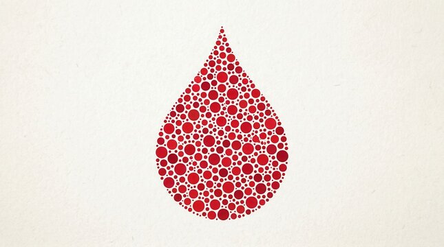 Red drop shape made of small circles on beige background