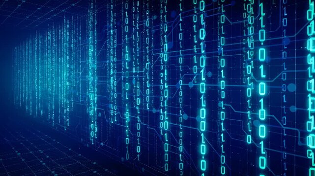 Digital binary code data stream with glowing blue numbers representing technology and computing concepts
