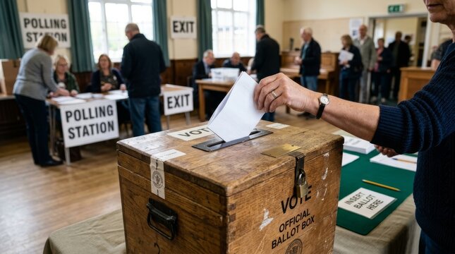 Person casting vote into ballot box at polling station during election
