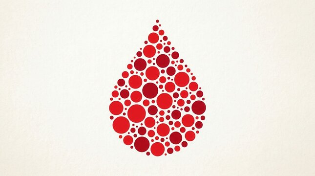 Red drop shape made of many small circles on beige background