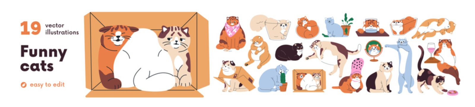 Funny meme cats set. Happy and sad feline animals with amusing mem expressions, humor emotions and poses. Cute comic kitties, humorous pets. Flat vector illustrations isolated on white background