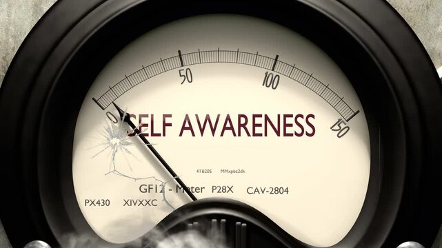 Self awareness meter showing low levels of self awareness. Minimum and decreasing self awareness value, below the norm. Lack of self awareness. None of it, insufficient.