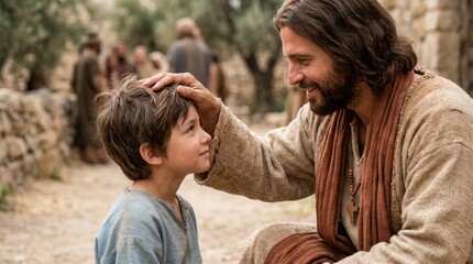 Fototapeta premium Jesus smiling and blessing a young child with his hand on the child's head, showing compassion and love in a historical setting