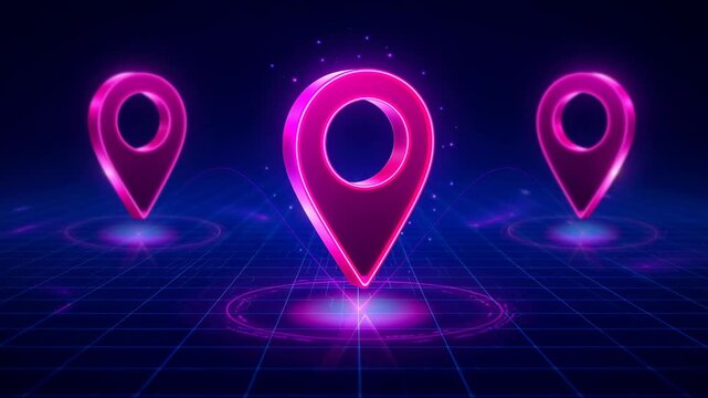 Futuristic glowing neon map location pins on digital grid background for navigation and technology