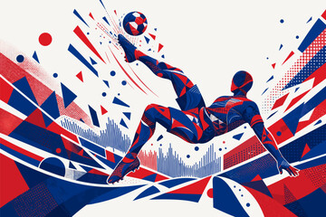 Naklejka premium Haiti soccer player performing an aerial bicycle kick in a dynamic geometric poster design. Haiti national football team wallpaper, banner, background.