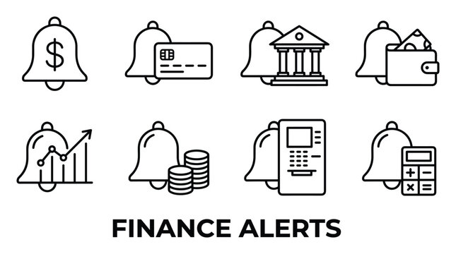 Finance alerts set with bell icons and financial symbols like dollar coin credit card bank money.