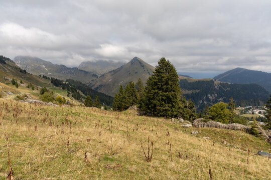 Natural mountain landscape in the Chablais Massif under a cloudy sky, Haute-Savoie, French Alps