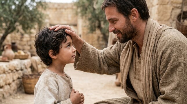 Jesus smiling and blessing a young child with his hand on the child's head, showing compassion and love in a historical setting