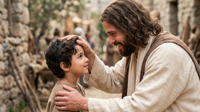Jesus smiling and blessing a young child with his hand on the child's head, showing compassion and love in a historical setting