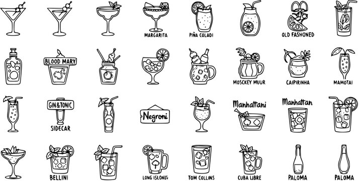 Comprehensive Hand-drawn Line Art Cocktail Icons Set for Food and Drink Industry. Black  White Alcoholic Beverages and Bar Menu Drink Illustrations.