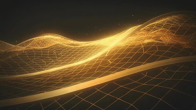 Glowing golden abstract wave mesh with dynamic flowing lines and digital grid background