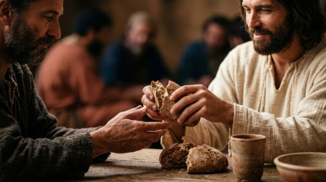 Jesus breaking bread with a disciple at a table, sharing a meal in an ancient setting