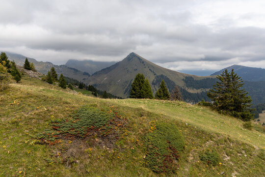Natural mountain landscape in the Chablais Massif under a cloudy sky, Haute-Savoie, French Alps