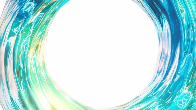 Macro liquid glass tunnel swirls outward from the edges on a white background in an intense 3D render capturing hyper realistic blue fluid distortion textures