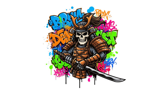 Skull samurai warrior with sword and graffiti background