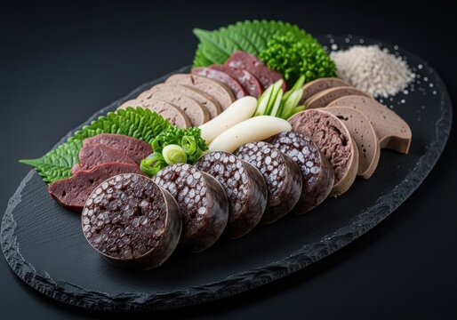 Korean sundae blood sausage platter with liver and garnish