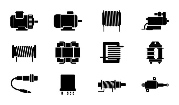 Electrical components icon set motors coils transformers outline, solid and color styles