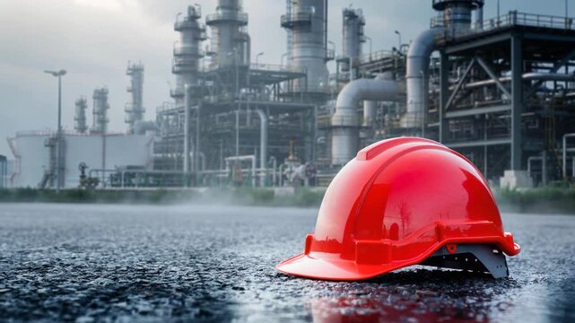 Red safety helmet on wet industrial ground with refinery factory in background on cloudy day