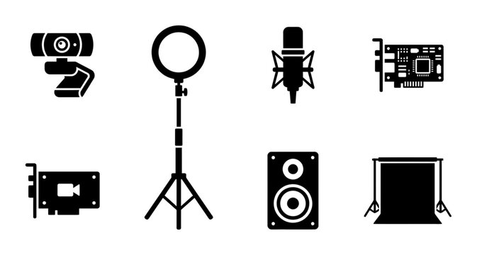 Streaming equipment icon set webcam, ring light, microphone, GPU, speaker, backdrop outline, solid, color styles