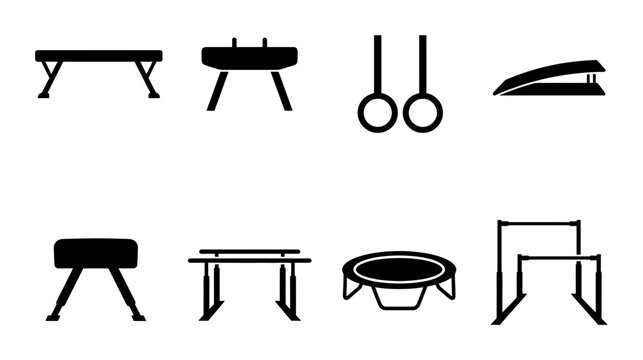 Gymnastics equipment icon set vault, rings, bars, trampoline, pommel horse, white background