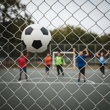 A soccer ball flying into a chain-link fence goal in an urban cage court, with children celebrating a score in the blurred background, highlighting yo